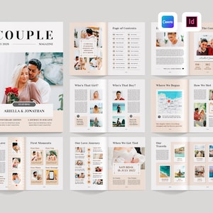 以下が含まれることがあります： 「COUPLE MAGAZINE」というタイトルの雑誌レイアウト。表紙にはカップルと「ARIELLA & JONATHAN」の名前が記載されています。レイアウトには、彼らのラブストーリー、最初の瞬間、旅、旅行を写真とテキストで詳しく説明するページが含まれています。