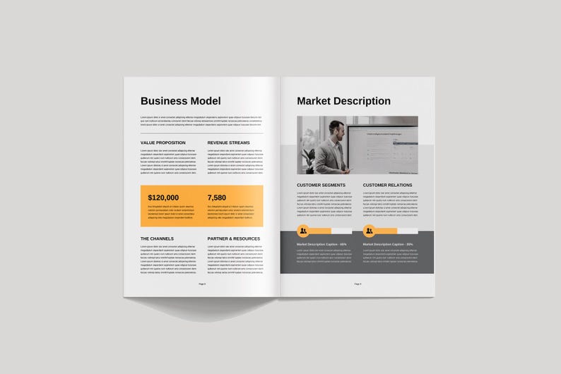 May include: A business model canvas with sections for value proposition, revenue streams, customer segments, customer relations, channels, and partner & resources. The canvas includes a number, $120,000, and 7,580.