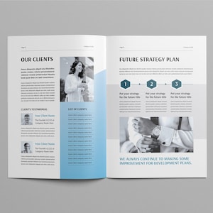 May include: A brochure spread with the headings "OUR CLIENTS" and "FUTURE STRATEGY PLAN." The left page has client testimonials and a client list. The right page outlines a future strategy plan with numbered steps and the text "WE ALWAYS CONTINUE TO MAKING SOME IMPROVEMENT FOR DEVELOPMENT PLANS."