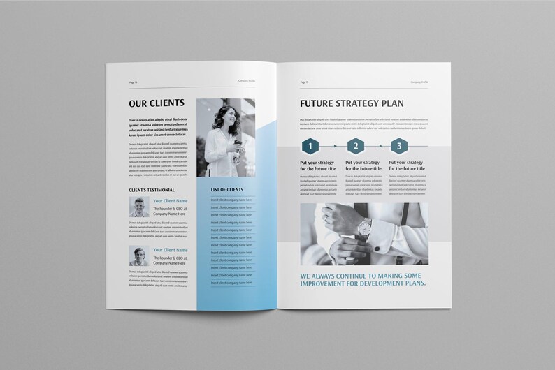 May include: A brochure spread with the headings "OUR CLIENTS" and "FUTURE STRATEGY PLAN." The left page has client testimonials and a client list. The right page outlines a future strategy plan with numbered steps and the text "WE ALWAYS CONTINUE TO MAKING SOME IMPROVEMENT FOR DEVELOPMENT PLANS."