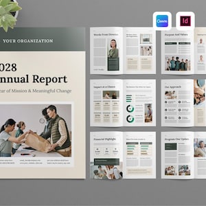 Op de afbeelding: Een jaarverslagsjabloon voor 2028 met een voorpagina met de tekst 2028 Annual Report A Year of Mission & Meaningful Change en een foto van mensen die tassen inpakken, naast verschillende open paginalay-outs met grafieken, tekst en foto's.