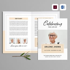 Könnte beinhalten: Eine Vorlage für ein Trauerprogramm mit einem Foto einer älteren Frau, dem Text "Celebrating the Life of Arlene Jhons" und den Daten "July 18, 1950 - November 30, 2020".