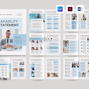 Peut inclure: Présentation d'une brochure en blanc et bleu clair. La couverture affiche "CAPABILITY STATEMENT" et une photo d'une personne avec une tablette. Les pages intérieures détaillent les résumés exécutifs, les équipes de direction et les compétences de base.