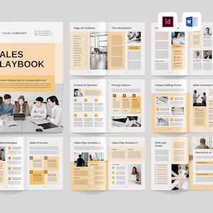 以下が含まれることがあります： 黄色と白のカラーリングのセールス・プレイブック。表紙には、テーブルで一緒に作業をしている人々のグループが写っています。プレイブックのタイトルは「Sales Playbook」です。