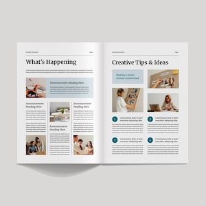 May include: Open magazine spread with the headings "What's Happening" and "Creative Tips & Ideas." The pages feature text, images, and blue accent boxes. The layout includes photos of people working and creating.