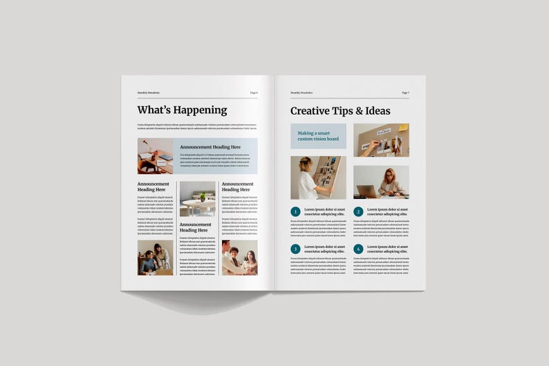 May include: Open magazine spread with the headings "What's Happening" and "Creative Tips & Ideas." The pages feature text, images, and blue accent boxes. The layout includes photos of people working and creating.