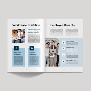 May include: An open book with the titles "Workplace Guideline" and "Employee Benefits". The left page shows an office photo and sections for "Employees Dresscode" and "Company Resources". The right page lists benefits like health insurance and retirement.