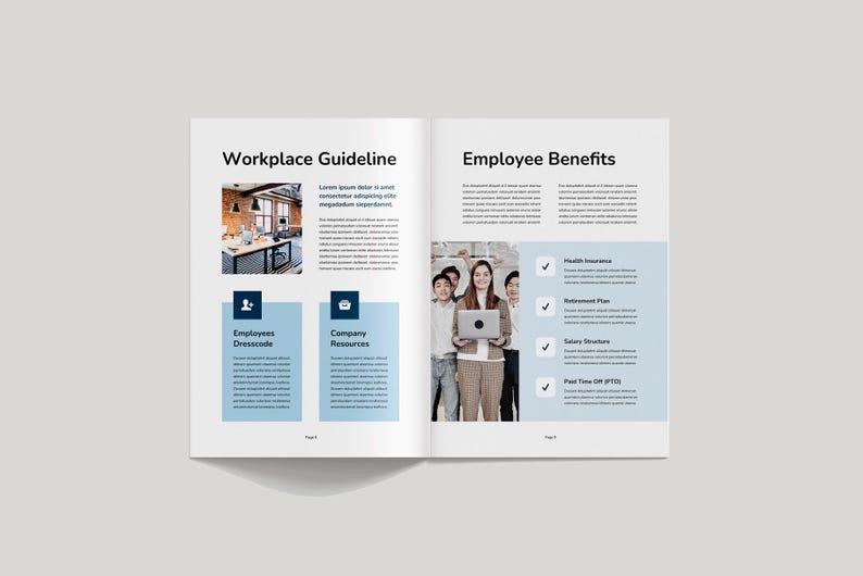 May include: An open book with the titles "Workplace Guideline" and "Employee Benefits". The left page shows an office photo and sections for "Employees Dresscode" and "Company Resources". The right page lists benefits like health insurance and retirement.
