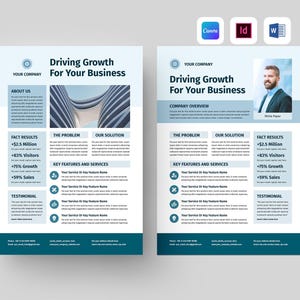 May include: Two light blue flyers with the text "Driving Growth For Your Business". The flyers include sections for "About Us", "Fact Results", "The Problem", "Our Solution", and "Key Features and Services". One flyer has a photo of a man.