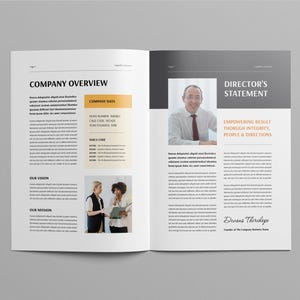 May include: Open magazine spread with a company overview. The left page features the title "COMPANY OVERVIEW" and sections for company data, vision, and mission. The right page has a director's statement with a photo and the text "EMPOWERING RESULT THROUGH INTEGRITY, PEOPLE & DIRECTIONS."