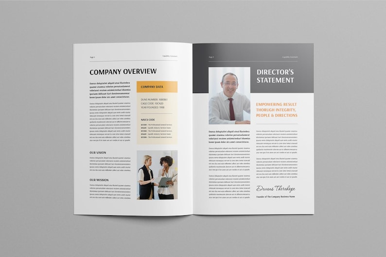 May include: Open magazine spread with a company overview. The left page features the title "COMPANY OVERVIEW" and sections for company data, vision, and mission. The right page has a director's statement with a photo and the text "EMPOWERING RESULT THROUGH INTEGRITY, PEOPLE & DIRECTIONS."