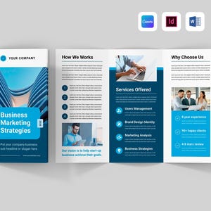 Op de afbeelding: Een drievoudige brochure met een blauw en wit ontwerp, getiteld "Business Marketing Strategies". Het bevat secties over aangeboden diensten en bedrijfsvoordelen, met pictogrammen en tekst. De tekst "Your Company" is ook opgenomen.