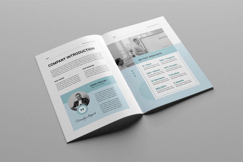 May include: A company introduction page with a photo of the CEO and key facts highlights. The page is open to show the text "Company Introduction" and "Key Fact Highlights".
