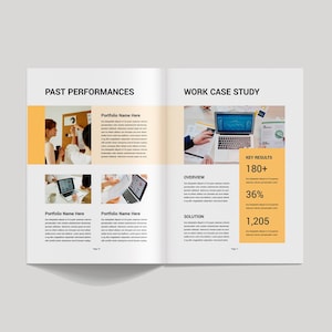 Op de afbeelding: Dubbele pagina van een tijdschrift of brochure met de titels "PAST PERFORMANCES" en "WORK CASE STUDY". De lay-out bevat afbeeldingen, tekst en oranje blokken die de belangrijkste resultaten benadrukken, zoals 180+ en 36%.
