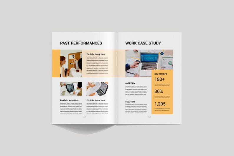 Op de afbeelding: Dubbele pagina van een tijdschrift of brochure met de titels "PAST PERFORMANCES" en "WORK CASE STUDY". De lay-out bevat afbeeldingen, tekst en oranje blokken die de belangrijkste resultaten benadrukken, zoals 180+ en 36%.