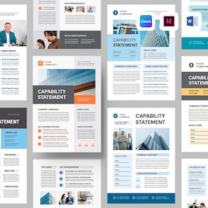 Pode incluir: Uma coleção de modelos profissionais de declaração de capacidade com layouts corporativos em tons de azul, cinza e branco. Cada documento inclui seções para visão geral da empresa, competências principais, códigos NAICS e informações de contato.