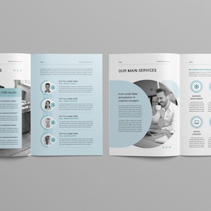 May include: A brochure with a blue and white color scheme. The left page features a photo of a modern office space with a table and chairs. The right page features a photo of a person working on a laptop. The text on the brochure reads "Values & Teams" and "Our Main Services".