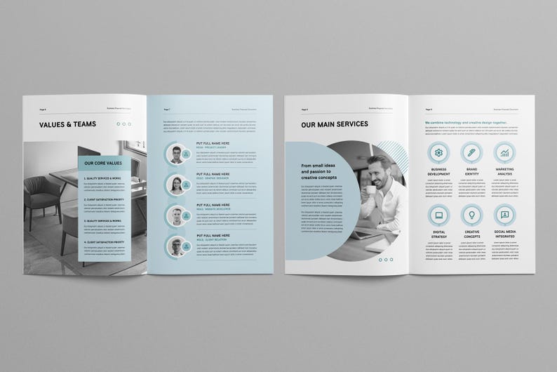 May include: A brochure with a blue and white color scheme. The left page features a photo of a modern office space with a table and chairs. The right page features a photo of a person working on a laptop. The text on the brochure reads "Values & Teams" and "Our Main Services".