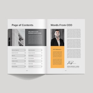 May include: A two-page spread from a business white paper with a table of contents and a section titled "Words From CEO". The CEO's photo is featured with a short biography and signature.