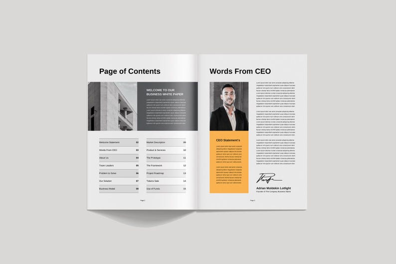 May include: A two-page spread from a business white paper with a table of contents and a section titled "Words From CEO". The CEO's photo is featured with a short biography and signature.