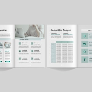 May include: A three-page business plan document with a green and white colour scheme. The first page is titled "Product & Services" and lists products and services. The second page is titled "Competitor Analysis" and includes a table comparing competitors. The third page is titled "SWOT Analysis" and includes a table with the headings "Strengths", "Weaknesses", "Opportunities", and "Threats".
