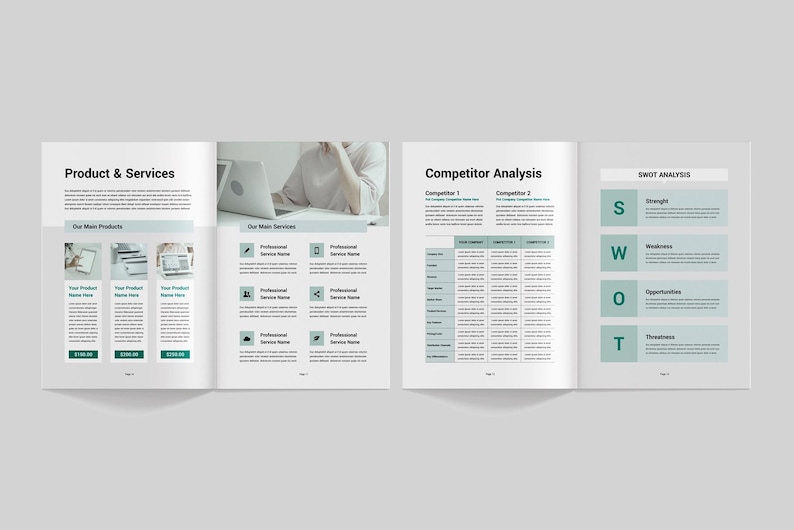 May include: A three-page business plan document with a green and white colour scheme. The first page is titled "Product & Services" and lists products and services. The second page is titled "Competitor Analysis" and includes a table comparing competitors. The third page is titled "SWOT Analysis" and includes a table with the headings "Strengths", "Weaknesses", "Opportunities", and "Threats".