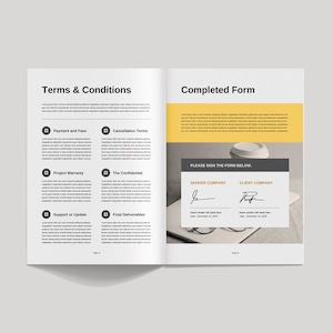 以下が含まれることがあります： 左ページに「Terms & Conditions」、右ページに「Completed Form」というタイトルが付けられた2ページの文書。左ページには、番号とタイトルが付いた契約条件のリストが記載されている。右ページには、「PLEASE SIGN THE FORM BELOW」というテキストと、署名欄の上に「VENDOR COMPANY」と「CLIENT COMPANY」という単語が記載されている署名欄がある。