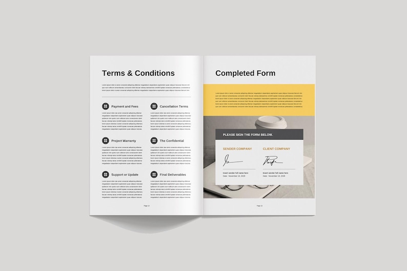 以下が含まれることがあります： 左ページに「Terms & Conditions」、右ページに「Completed Form」というタイトルが付けられた2ページの文書。左ページには、番号とタイトルが付いた契約条件のリストが記載されている。右ページには、「PLEASE SIGN THE FORM BELOW」というテキストと、署名欄の上に「VENDOR COMPANY」と「CLIENT COMPANY」という単語が記載されている署名欄がある。