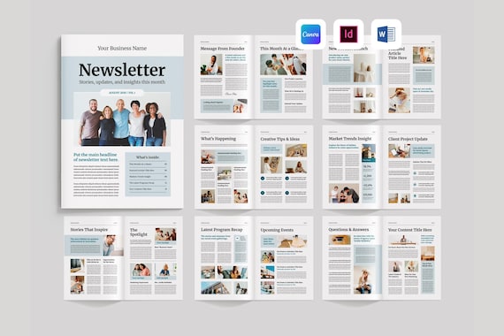 Newsletter Template | Magazine Booklet Layout | Business Email News | Newspaper Brochure For Company & Nonprofit (Canva, MS Word, InDesign)
