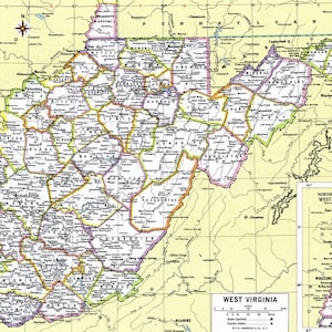 May include: A vintage map of West Virginia, showing the state's counties and county seats. The map is in shades of yellow, green, and pink, with black lines for roads and rivers. The map is titled "West Virginia" and includes a key for state capital, county seats, and roads.
