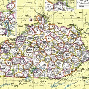 Carte du Kentucky en téléchargement immédiat - carte imprimable, téléchargement numérique, art mural, carte ancienne