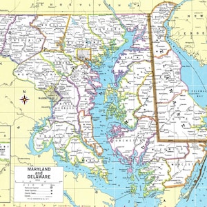 Maryland & Delaware Karte sofortiger Download - Druckbare Karte, digitaler Download, Wandkunst, antike Karte