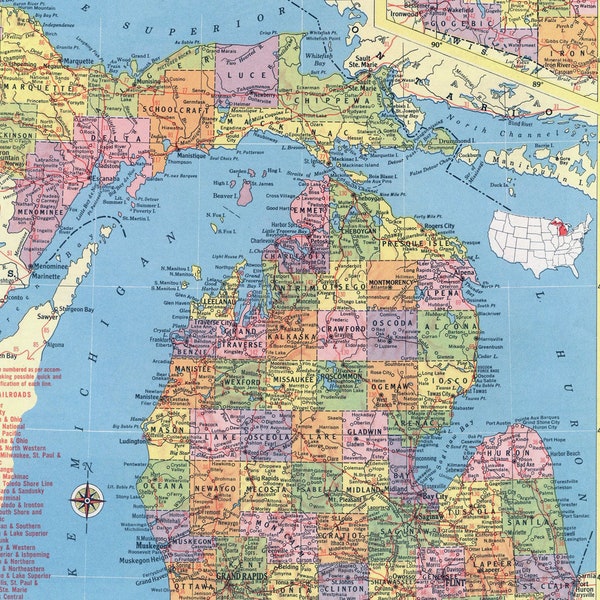 Michigan Map Instant Download - Carte imprimable, carte vintage, décoration intérieure, art mural, carte ancienne