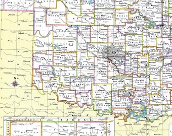 Mapa de Oklahoma para descargar al instante: mapa imprimible, descarga digital, arte mural, mapa antiguo