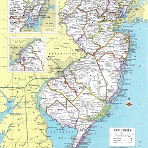 New Jersey kaart direct downloaden: afdrukbare kaart, digitale download, kunst aan de muur, antieke kaart, afdrukbare kaart