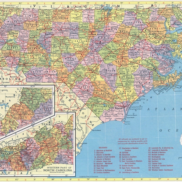 North Carolina Map Instant Download - Printable Map, Vintage Map, Home Decor, Wall Art, Antique Map