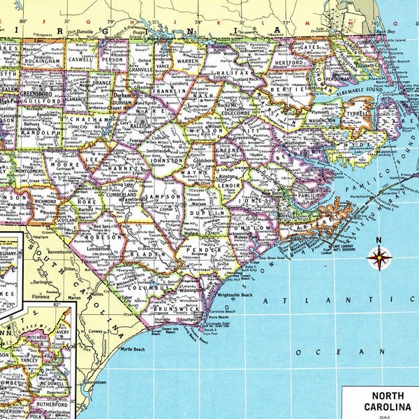 North Carolina Map Instant Download - Printable Map, Digital Download, Wall Art, Antique Map