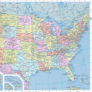 Mapa dos Estados Unidos para download instantâneo - Mapa para impressão, Mapa vintage, Decoração para casa, Arte de parede, Mapa da América