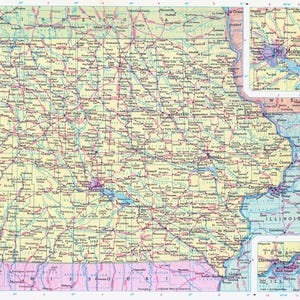 May include: A detailed map of Iowa, featuring a network of roads, cities, and geographical features. The map uses a color palette of yellow, pink, and blue, with a smaller inset map of Des Moines. The map includes the cities of Sioux City, Des Moines, and Davenport.