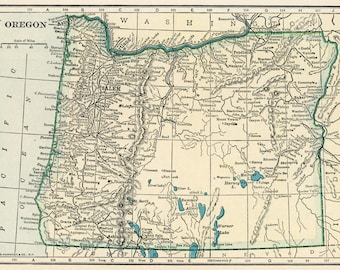 May include: Vintage map of Oregon, showing detailed geographical features. The map includes cities, rivers, and mountain ranges, with a scale of miles. The map is in sepia tones with a green border.