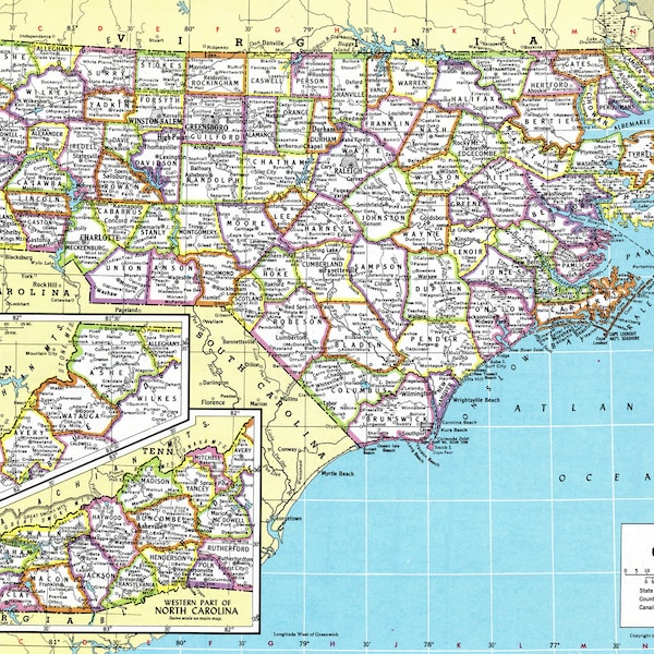 North Carolina Map Instant Download -  Printable Map, Digital Download, Wall Art, Antique Map