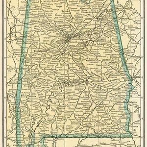 Carte de l'Alabama en téléchargement numérique - carte imprimable, carte de l'Alabama vintage 1923, décoration d'intérieur, art mural, téléchargement immédiat, cadeau de voyage pour lui et elle