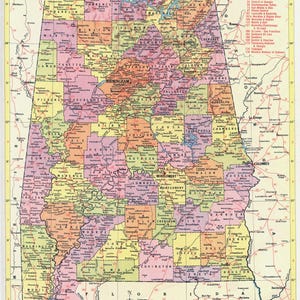 Carte de l'Alabama en téléchargement immédiat - carte imprimable, carte vintage, décoration d'intérieur, art mural, carte ancienne