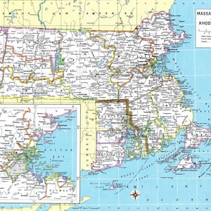 Può includere: Una mappa vintage del Massachusetts e del Rhode Island, che mostra i confini degli stati, le città e i paesi. La mappa è in tonalità di blu, verde, giallo e marrone. La mappa include una mappa di inserimento più piccola di Boston e dintorni.