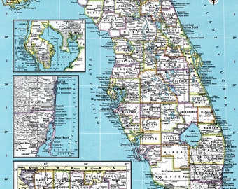 Florida Map Instant Download -  Printable Map, Digital Download, Wall Art, Antique Map