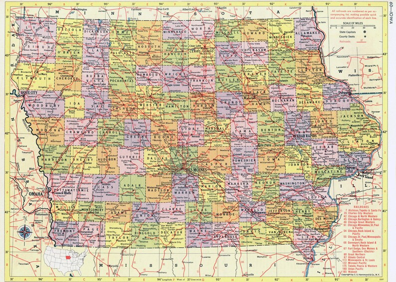 Iowa Map Instant Download 1958 Printable Map Vintage Map - Etsy