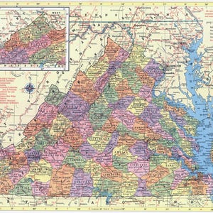 Virginia Map Instant Download - Printable Map, Vintage Map, Home Decor, Wall Art, Antique Map