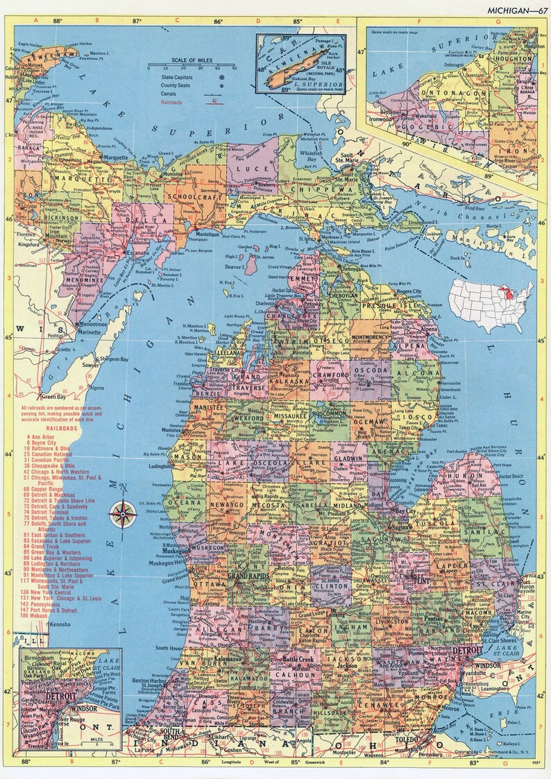 Michigan Map Instant Download 1958 Printable Map Vintage | Etsy