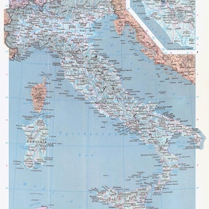 May include: A detailed map of Italy, showing cities such as Rome, Venice, and Milan. The map includes surrounding countries and seas, with a smaller inset map of Rome. The map is printed on a light blue background.