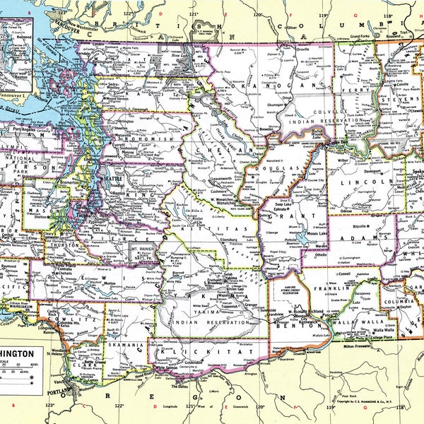 Washington Map Instant Download -  Printable Map, Digital Download, Wall Art, Antique Map